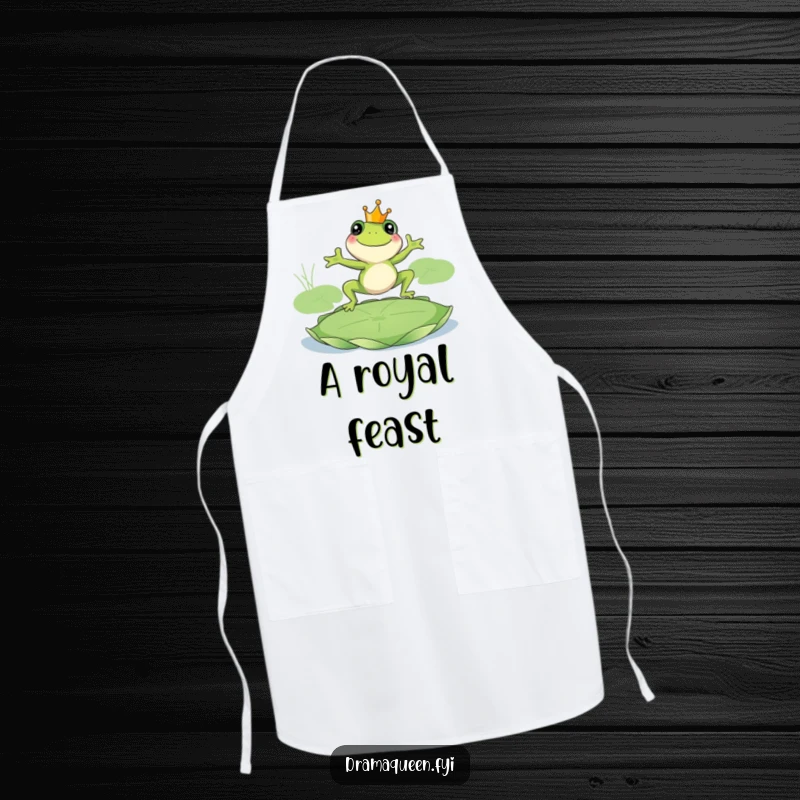 Funny frog king apron, smiling frog wearing a crown leaping onto a giant lily pad. Royal and fun kitchen accessory. Great.