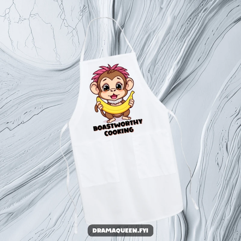 Funny curious monkey character wearing a feathery boa, striking a surprised pose with a banana, chef apron, kitchen quirk.