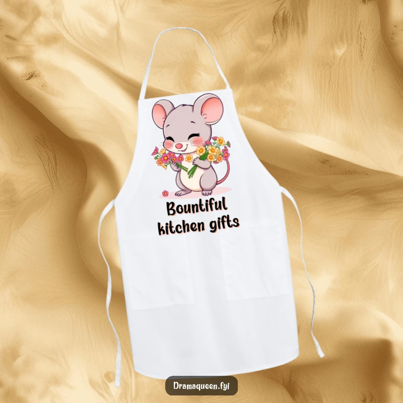 Funny apron featuring a cheerful mouse character bowing gracefully with a bouquet of tiny, colorful flowers, perfect for kitchen cheer.