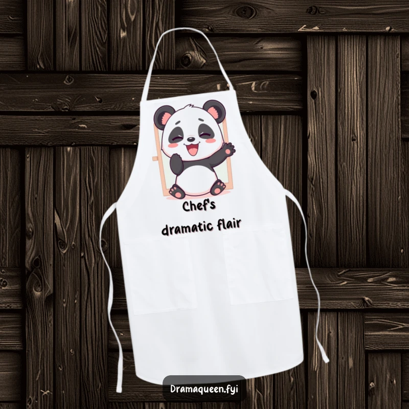 Funny apron featuring a giggling panda practicing dramatic poses while cooking, bringing comedic flair to the kitchen.