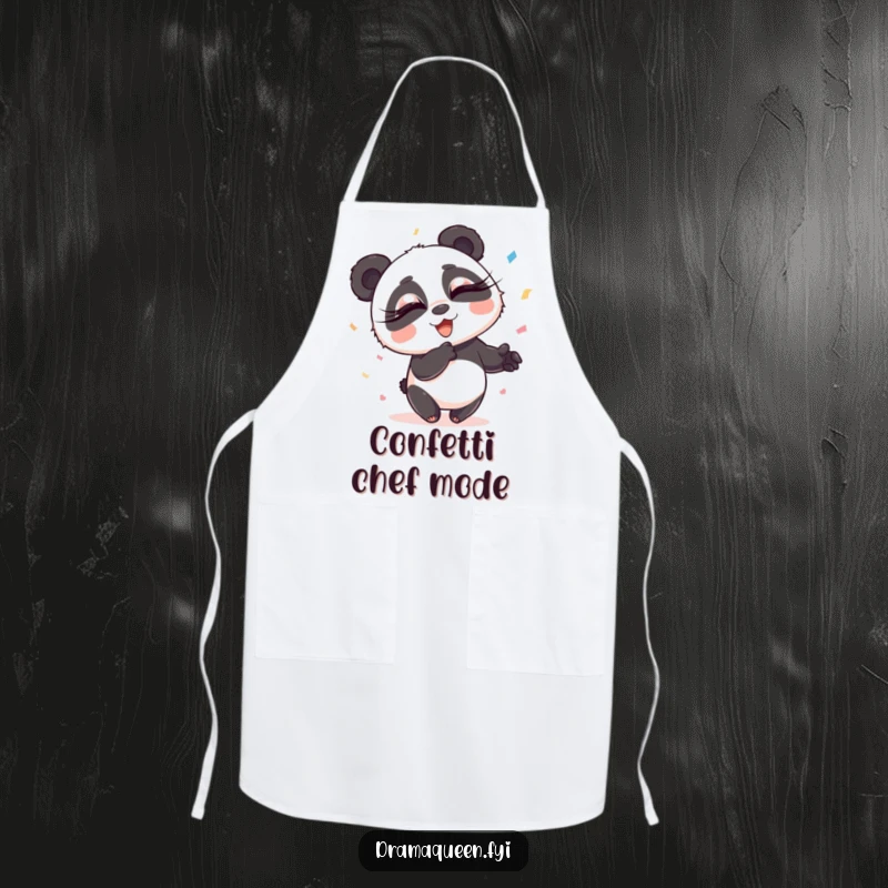 Funny Panda Apron: Playful panda with long eyelashes scattering confetti with exaggerated flair, perfect for a fun kitchen gift.