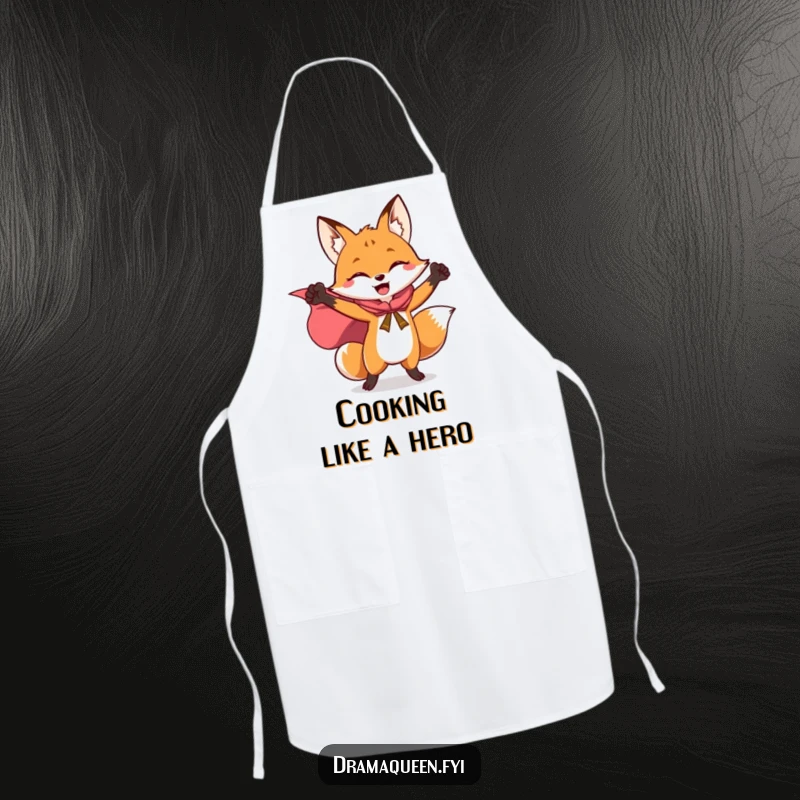 Funny apron of a joyful fox in a flowing superhero cape, striking a triumphant pose, ready for kitchen battles.