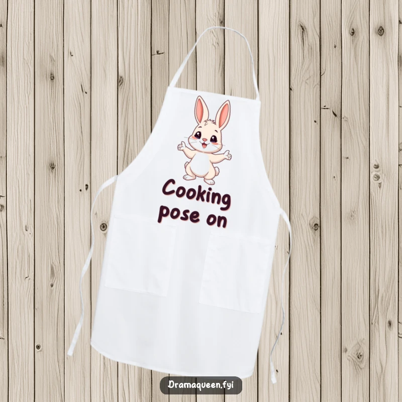 Funny Bunny Pose Apron: A playful bunny dramatically striking a pose with ears perked up, for humorous kitchen style.