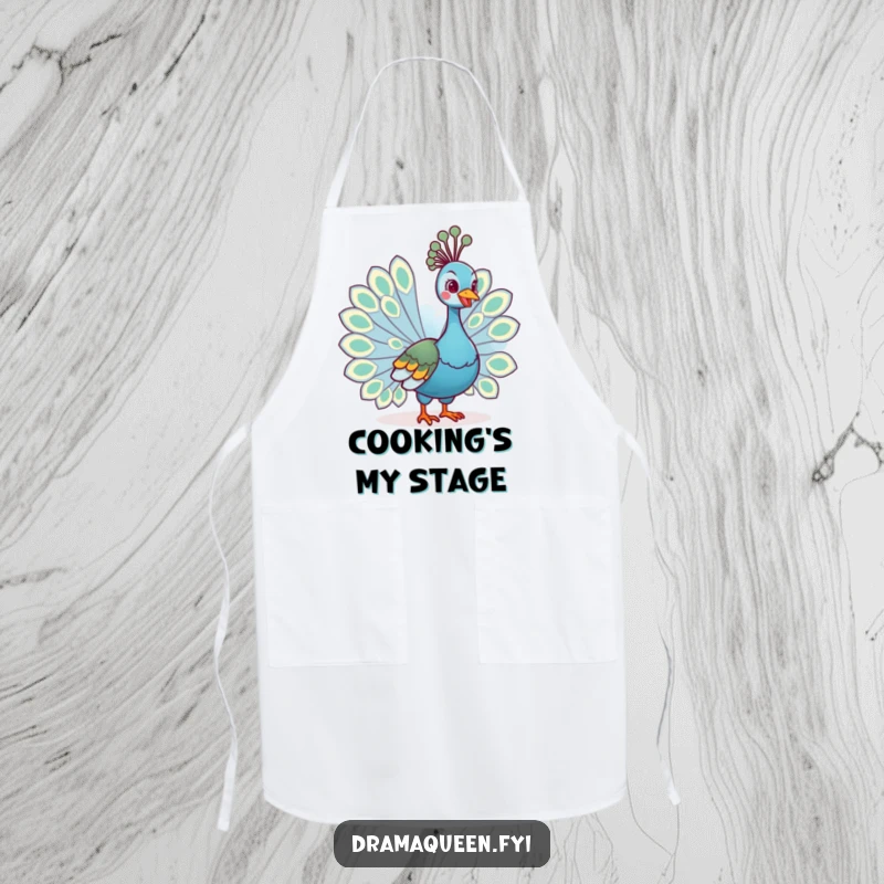 Funny apron featuring a regal peacock fanning its tail feathers with a cheerful grin, bringing vibrant humor to cooking.