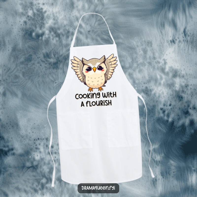 Funny apron featuring a dramatic owl hooting with flair and wings extended, bringing theatrical humor to kitchen tasks.