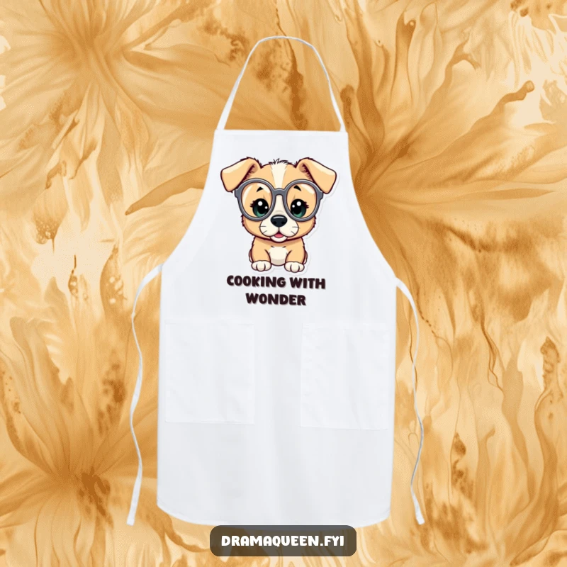 Funny apron featuring a curious puppy character looking through large opera glasses with an expression of utter amazement, ready for kitchen adventures.