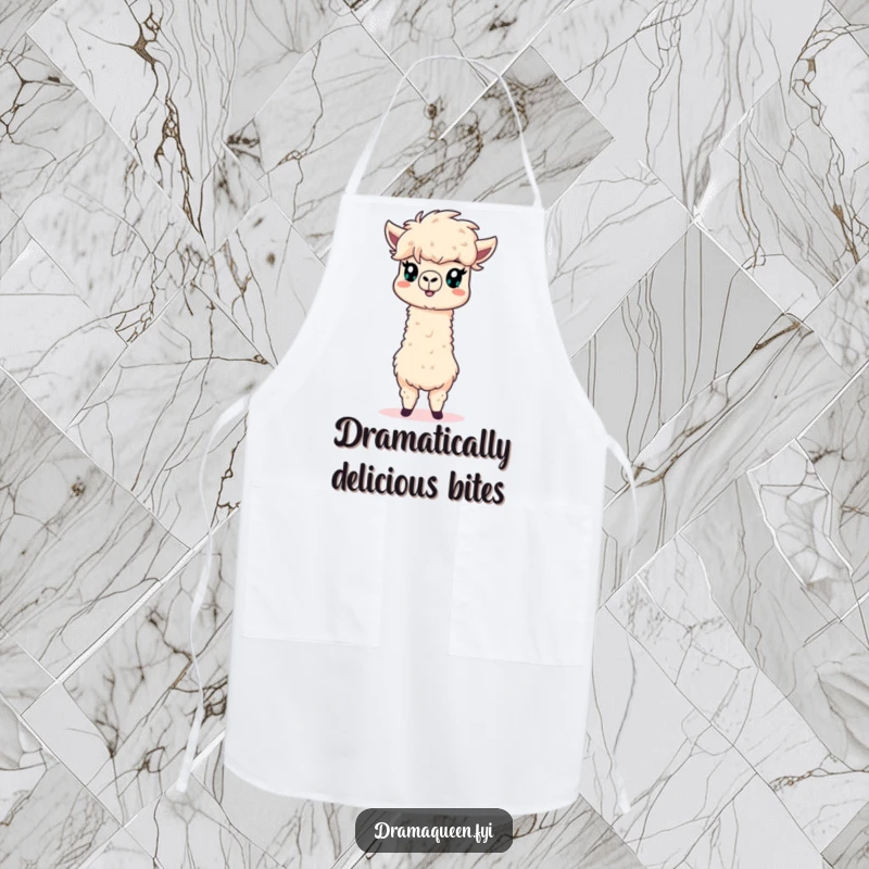 Funny alpaca apron featuring a dramatic pose and a fluffy mane, perfect for cooks who add flair to their kitchen.