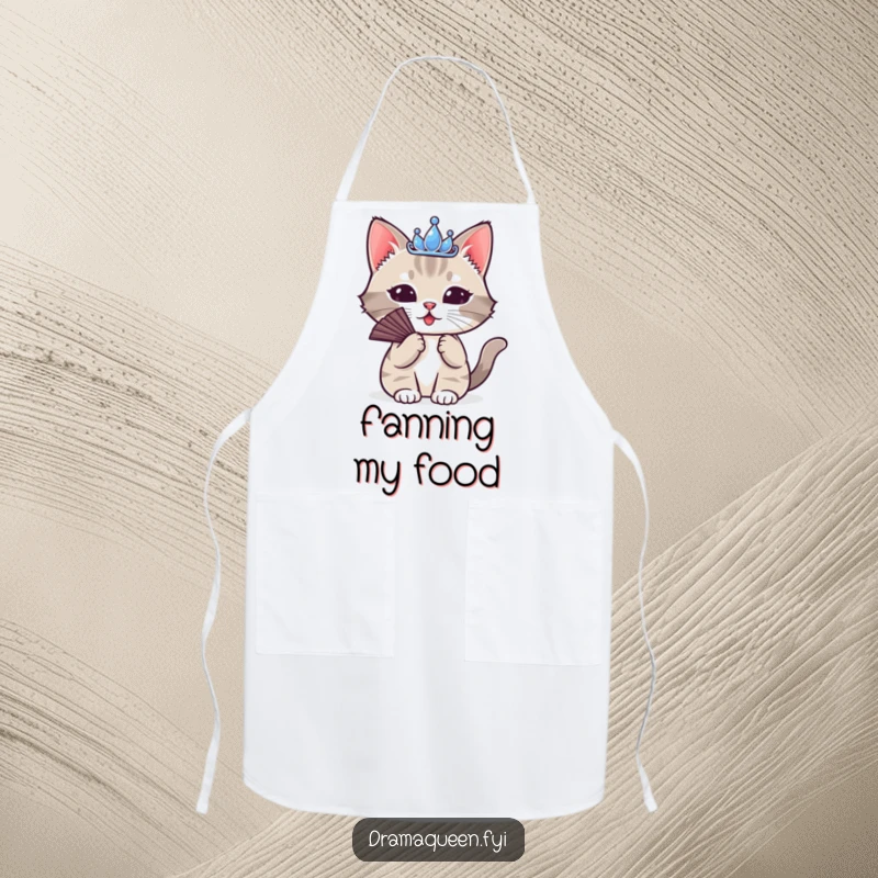 Funny Cat Tiara Apron: A cute cat wearing a tiny tiara, dramatically fanning itself, for humorous kitchen style.
