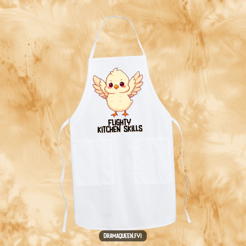 Funny Chick Take Flight Apron showing a fluffy chick flapping wings, ready to bring humorous enthusiasm to cooking.
