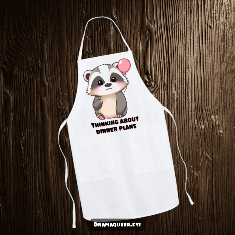 Funny apron depicting a contemplative badger looking at a floating balloon, ideal for kitchen tasks and adding a humorous touch to cooking.
