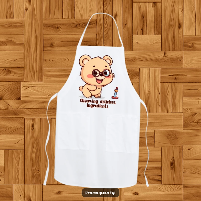 Funny apron with a bear cub wearing a monocle, pointing excitedly at a distant object, ready for gourmet adventures.