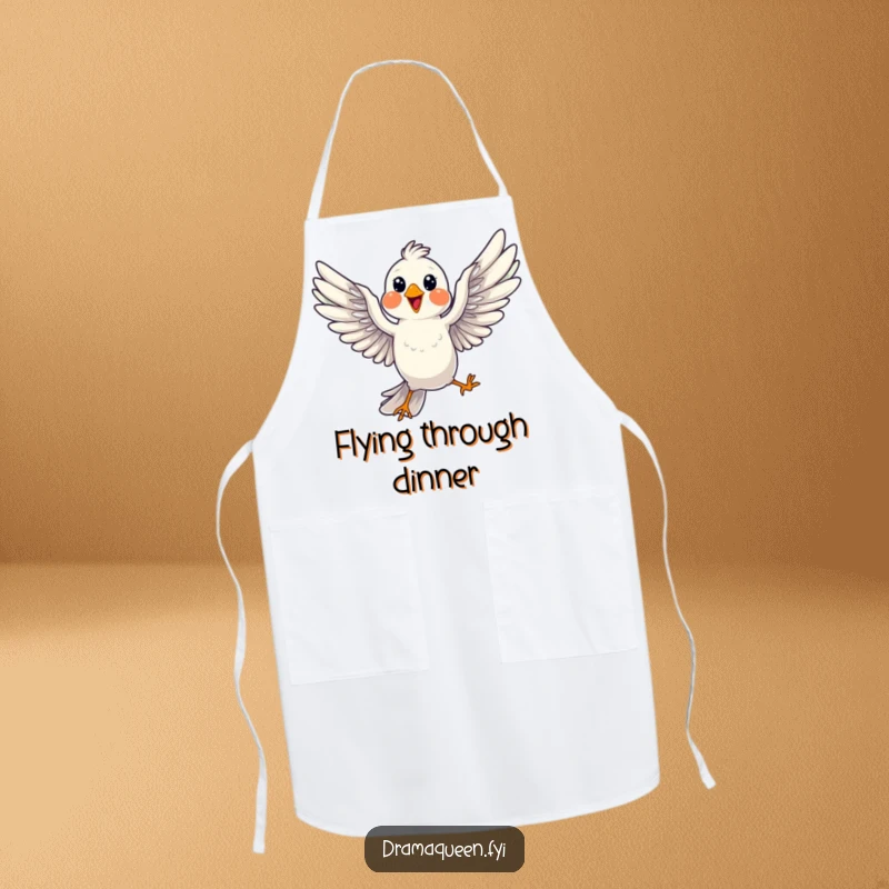 Funny Bird Pose Apron: A cheerful bird dramatically striking a pose mid-flight, wings spread, for humorous kitchen style.