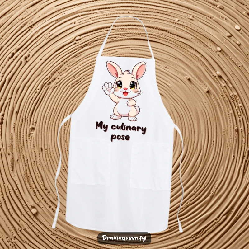 Funny apron featuring a cute bunny character striking a dramatic pose, paw held high, ready to add flair to any kitchen task.