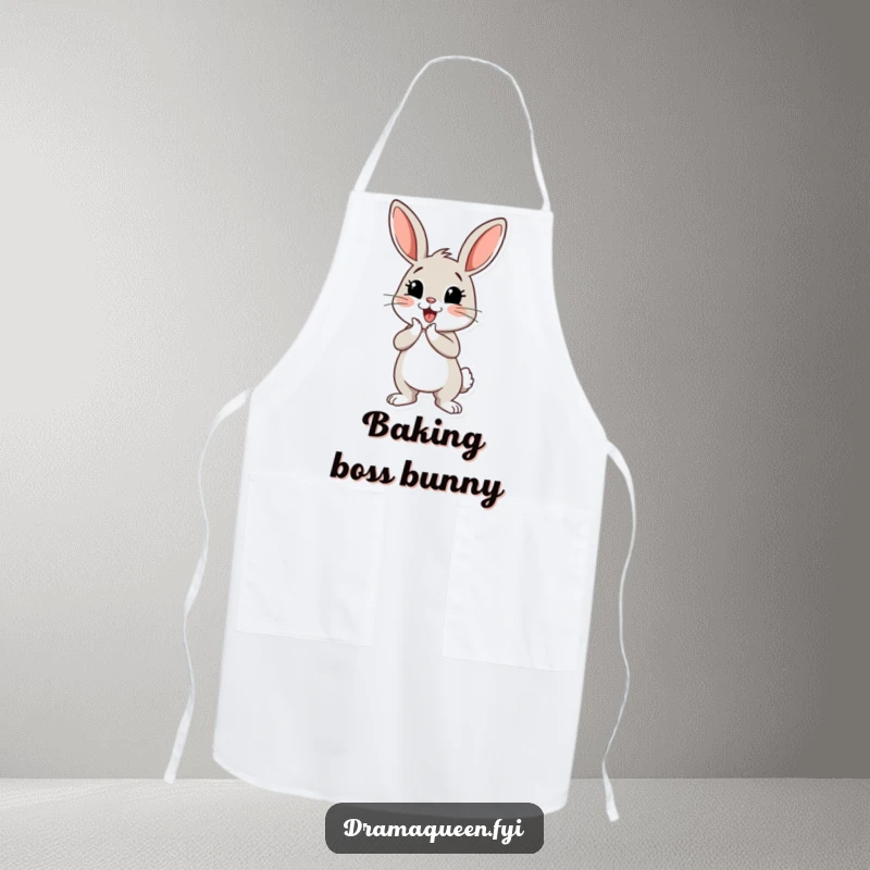 Funny bunny apron featuring a cheerful bunny character performing a dramatic curtsey, adding flair to kitchen wear.