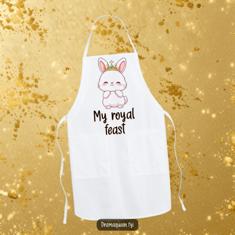 Funny apron design of a fluffy bunny wearing a sparkly tiara and striking a pose, ideal for kitchen fun and protection with humor.