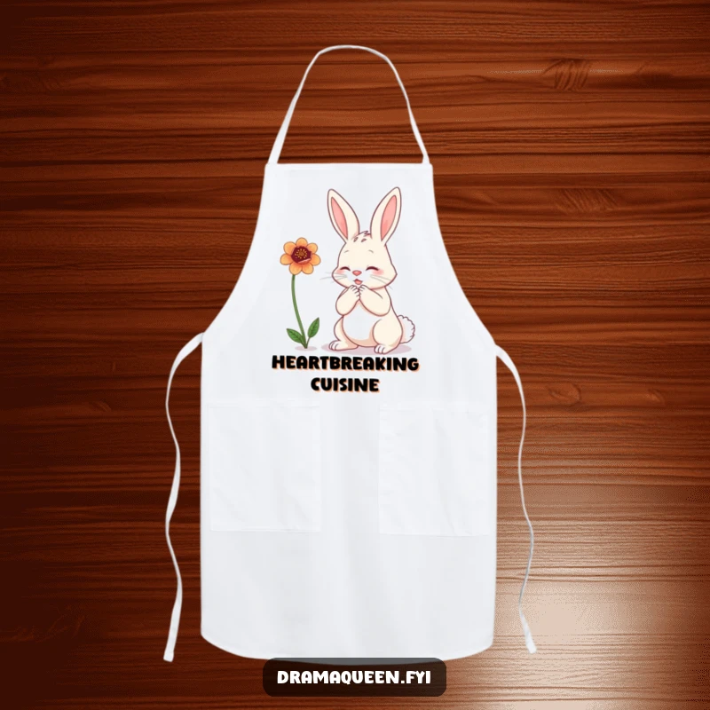 Funny bunny apron depicting a rabbit dramatically clutching its chest while looking at a wilting flower, adding humorous pathos to cooking.