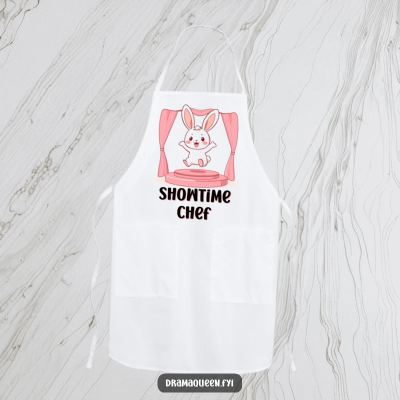 Funny playful bunny character leaping onto a miniature stage on a kitchen apron, bringing theatrical flair to cooking.