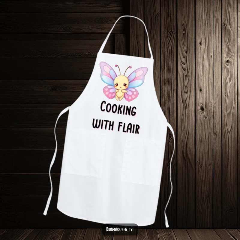 Funny Apron: Chef-ready butterfly with elaborate wings, posing dramatically while ready to assist in the kitchen.