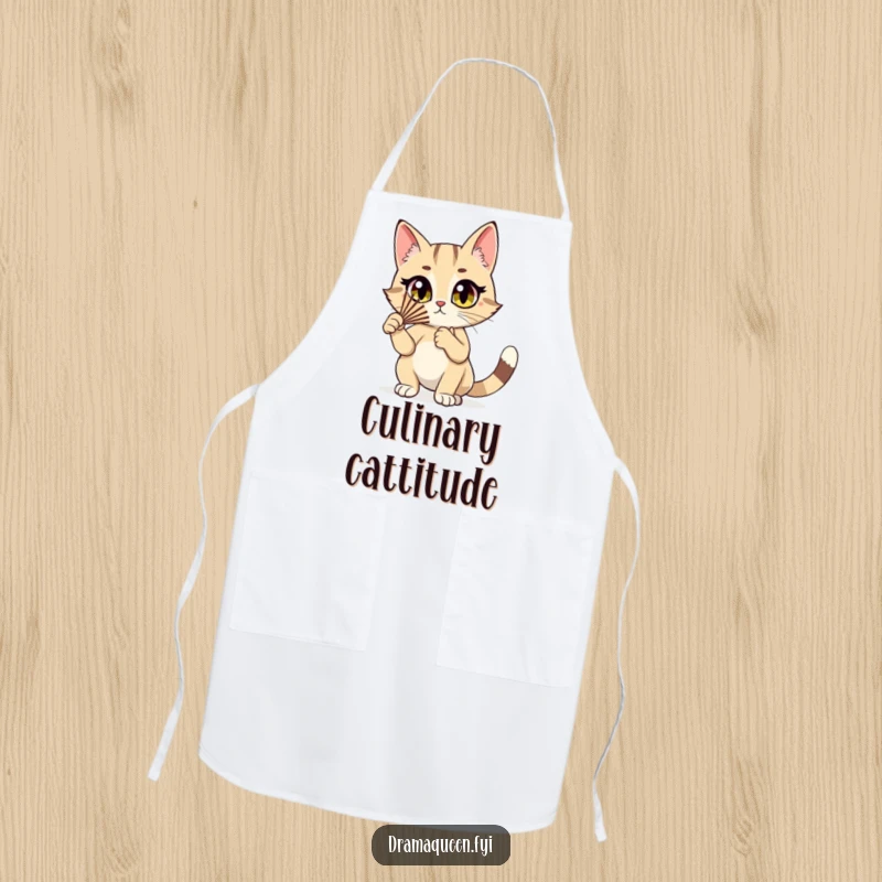 Funny cat apron featuring a stylish cat character dramatically fluttering a fan, adding theatrical flair to kitchen wear.