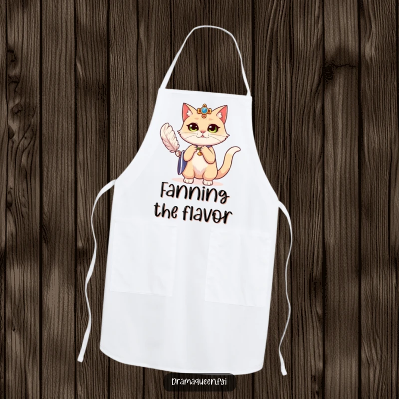Funny regal cat dramatically fanning herself with a feather on a kitchen apron, adding dramatic flair to cooking.