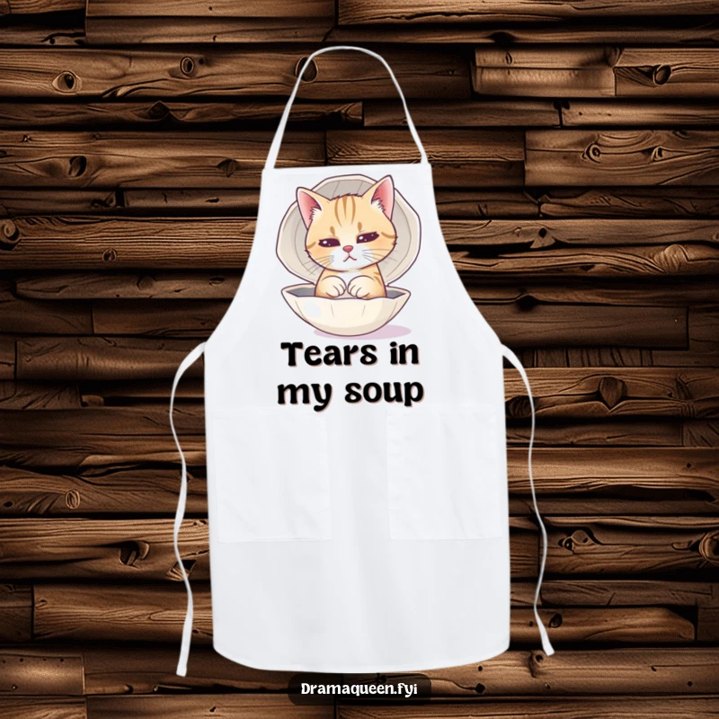 Funny Cat Sad Face Apron showing a dramatic feline practicing its sad expression in a polished seashell.