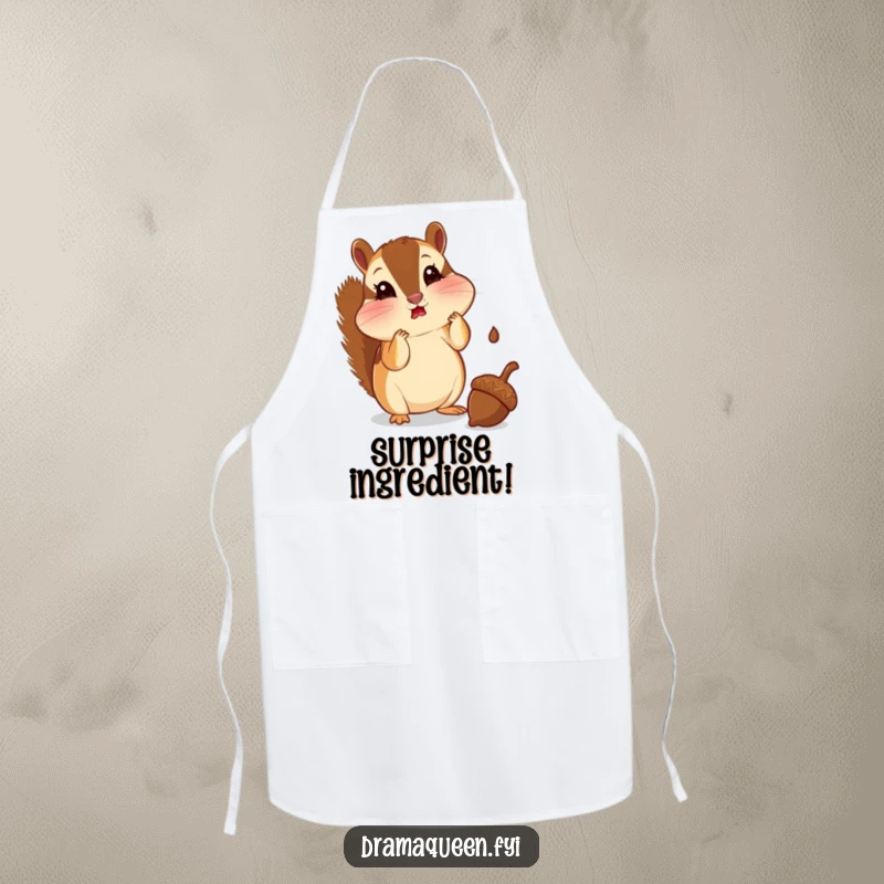 Funny chipmunk apron featuring a chipmunk with puffed cheeks looking shocked at a falling acorn. Humorous kitchen wear, great for gifting.