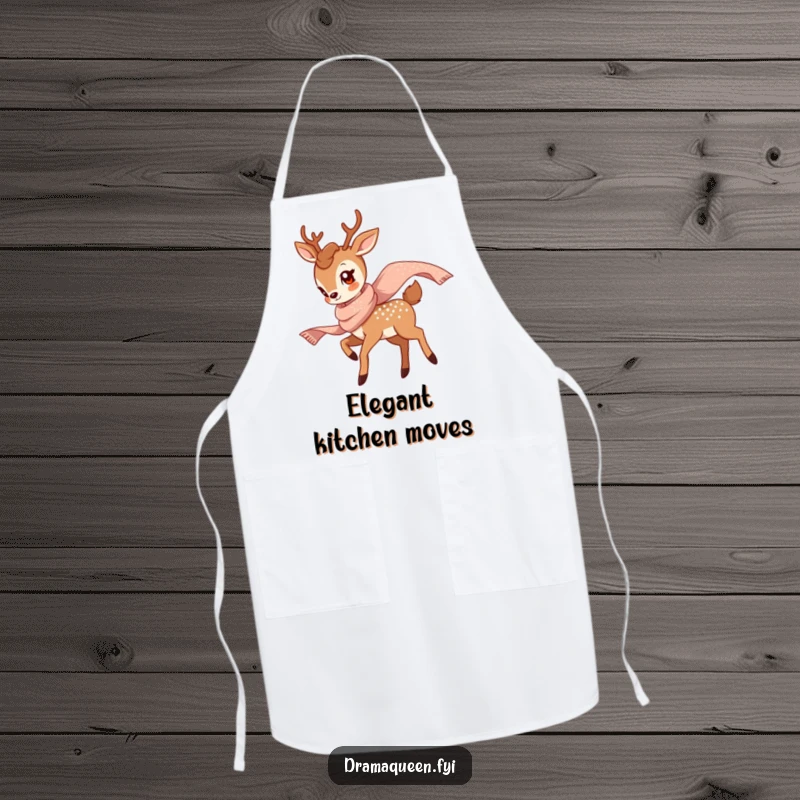 Funny Deer Twirl Apron showing a graceful deer twirling with a shimmering scarf, bringing elegant humor to cooking.