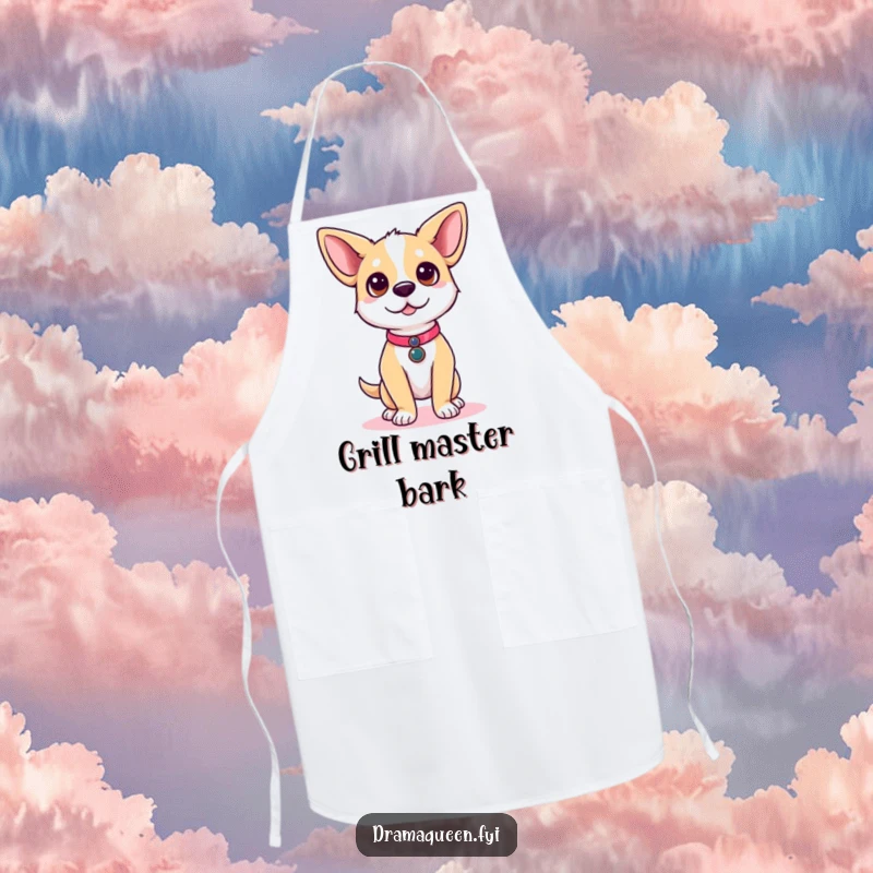 Funny dog apron featuring a cute dog character posing on a runway, adding flair to kitchen wear.