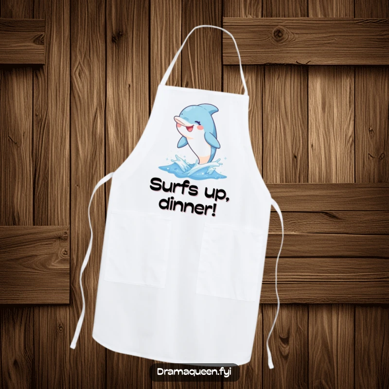 Funny dolphin apron featuring a delighted character leaping from a sparkly wave with a whimsical grin, perfect for fun in the kitchen.