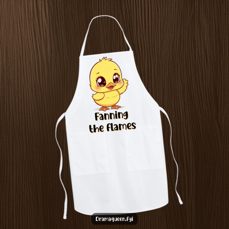Funny duckling apron, large sparkly eyes, fanning dramatically. A humorous kitchen accessory for culinary drama. Great.