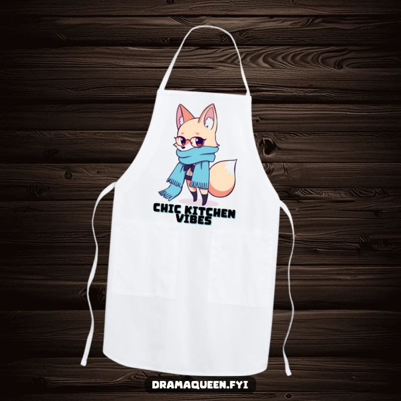 Funny Fashion Fox Scarf Apron: A fashionable fox poses with a flowing scarf, ready to cook with style, a funny gift.