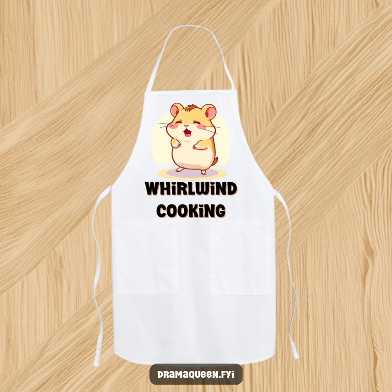 Funny Apron showing a flustered hamster character spinning in a spotlight, designed for kitchen use with a humorous, chaotic theme.