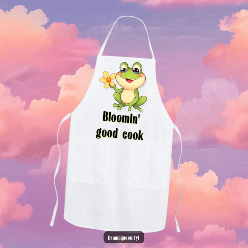 Funny frog apron featuring a frog with a goofy smile posing dramatically with a flower. Humorous kitchen wear, great for gifting.