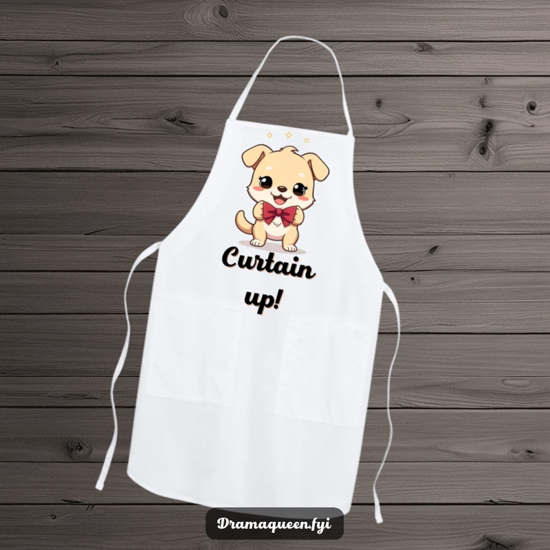 Funny Apron showing a gleeful dog character performing a theatrical bow, designed for kitchen use with a humorous, dramatic theme.