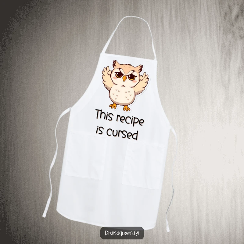 Funny Owl Apron depicting a dramatic character throwing its hands up in mock despair, perfect for humorous kitchen activities.
