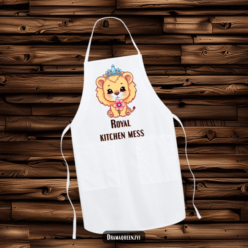 Funny cute lion cub character wearing a sparkling tiara, pouting dramatically with a flower, chef apron, royal kitchen.