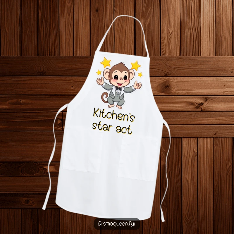 Funny apron featuring a monkey in a tuxedo juggling shining stars, perfect for a chef with a sense of humor and cosmic style.