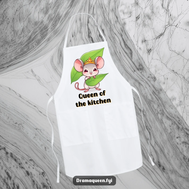 Funny mouse apron featuring a tiny mouse wearing a tiara fanning herself with a leaf. Humorous kitchen wear, great for gifting.