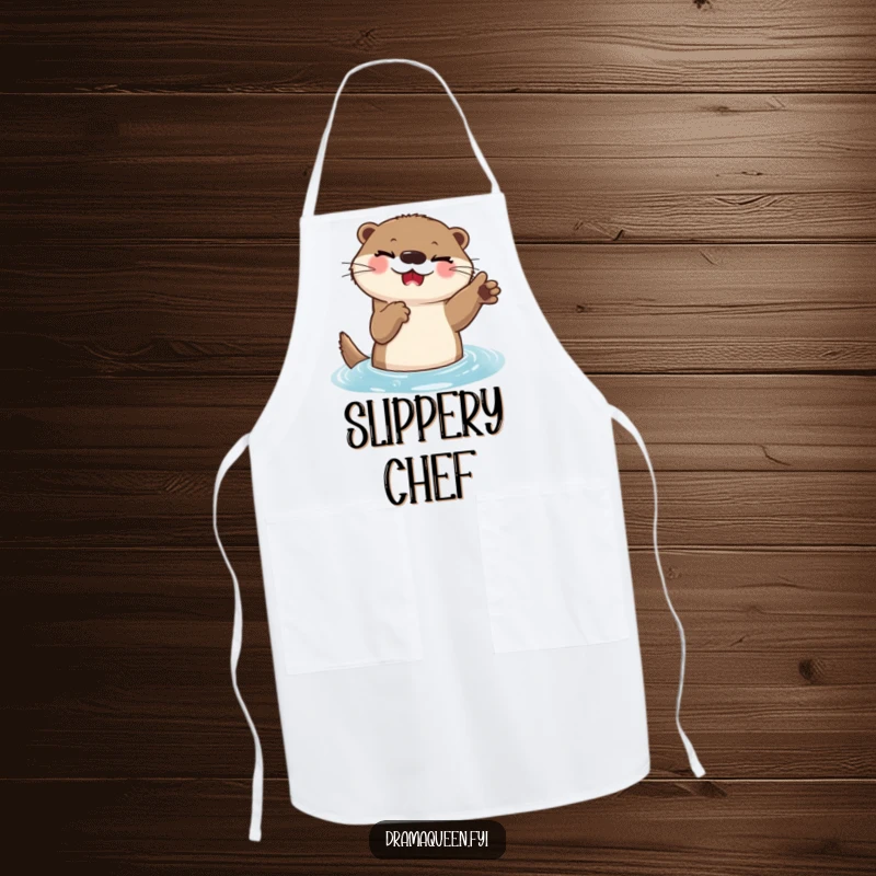 Funny Otter Apron: A delighted otter with a playful wink strikes a dramatic pose while cooking.