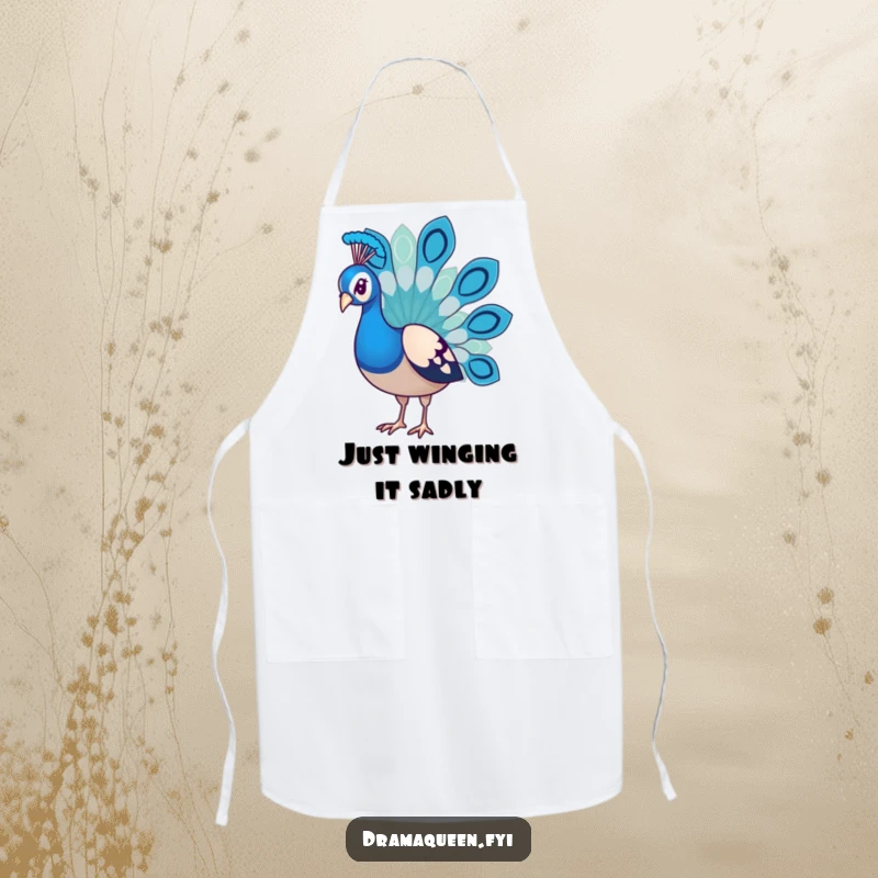 Funny Peacock Apron with a dejected bird and droopy feathers, offering humorous protection for the kitchen.