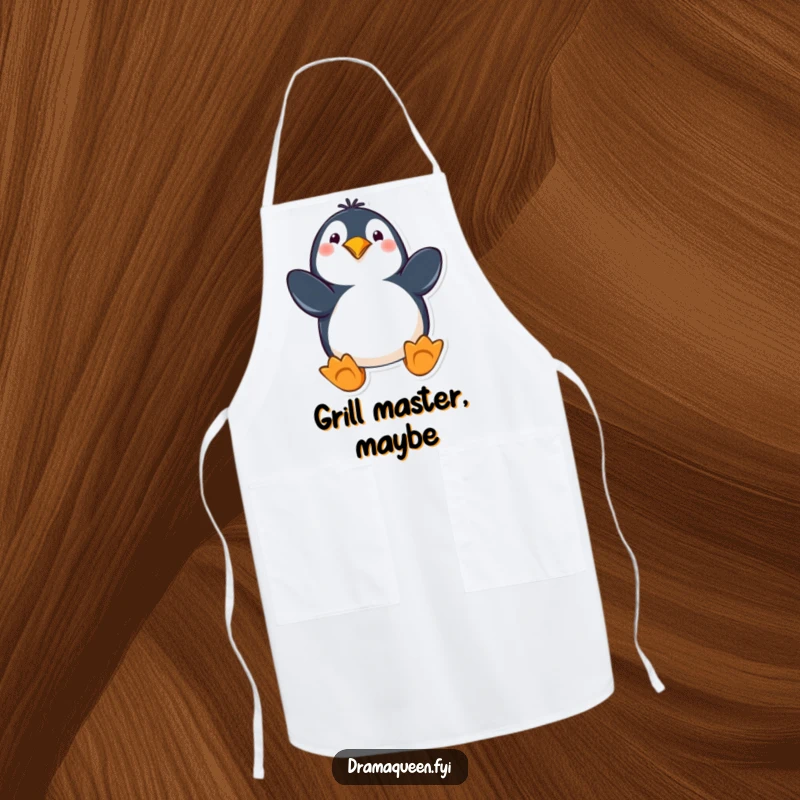 Funny penguin apron with a playful character striking a dramatic pose with flippers extended, ideal for kitchen activities and humor.