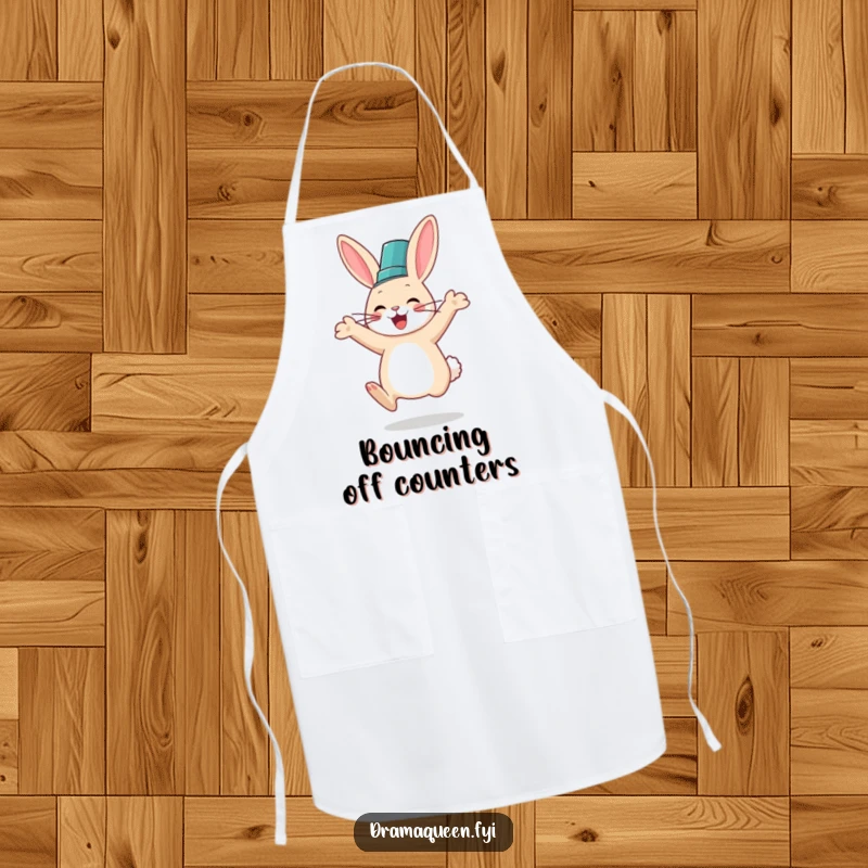 Funny apron featuring a rabbit in a fancy hat leaping with joy, perfect for a chef who loves a touch of whimsy.