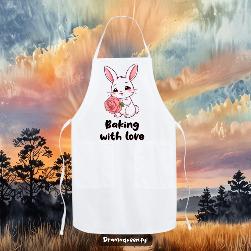 Funny rabbit apron featuring a cute bunny holding a big rose with a coy expression, perfect for baking.