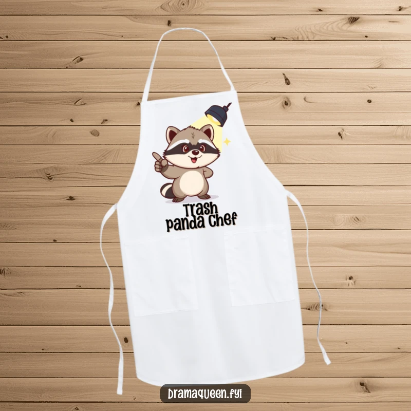 Funny apron featuring a mischievous raccoon pointing to a spotlight overhead, bringing humorous drama to the kitchen.