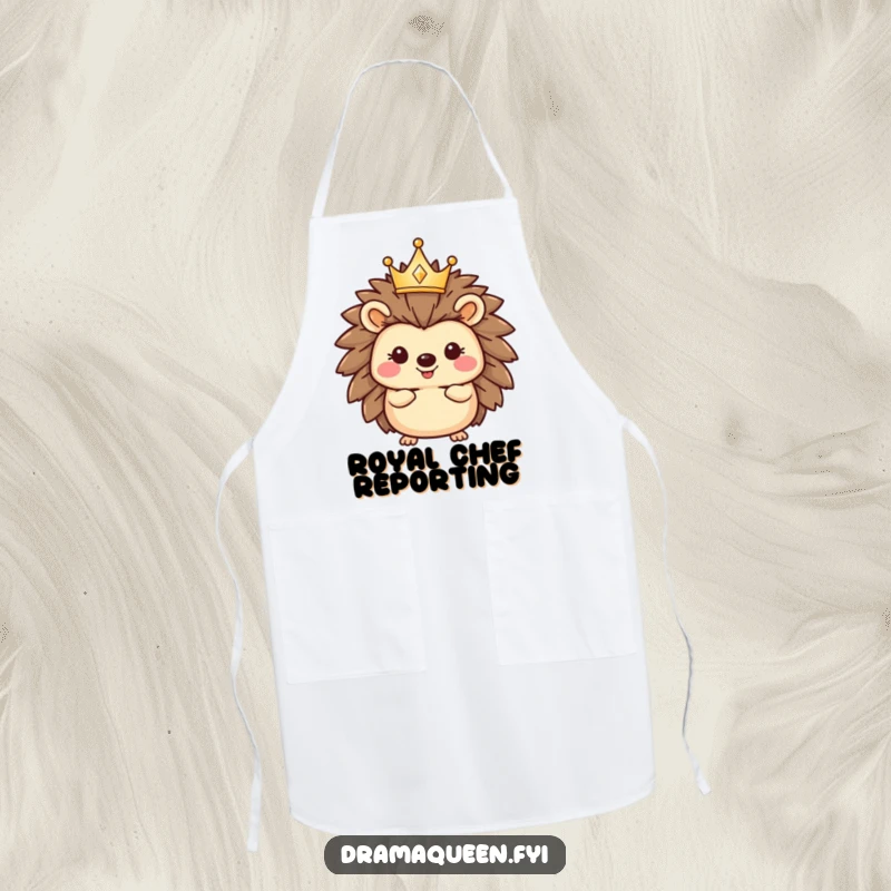 Funny hedgehog apron featuring a happy character wearing a tiny, sparkling crown, protecting your clothes with regal, humorous style in the kitchen.