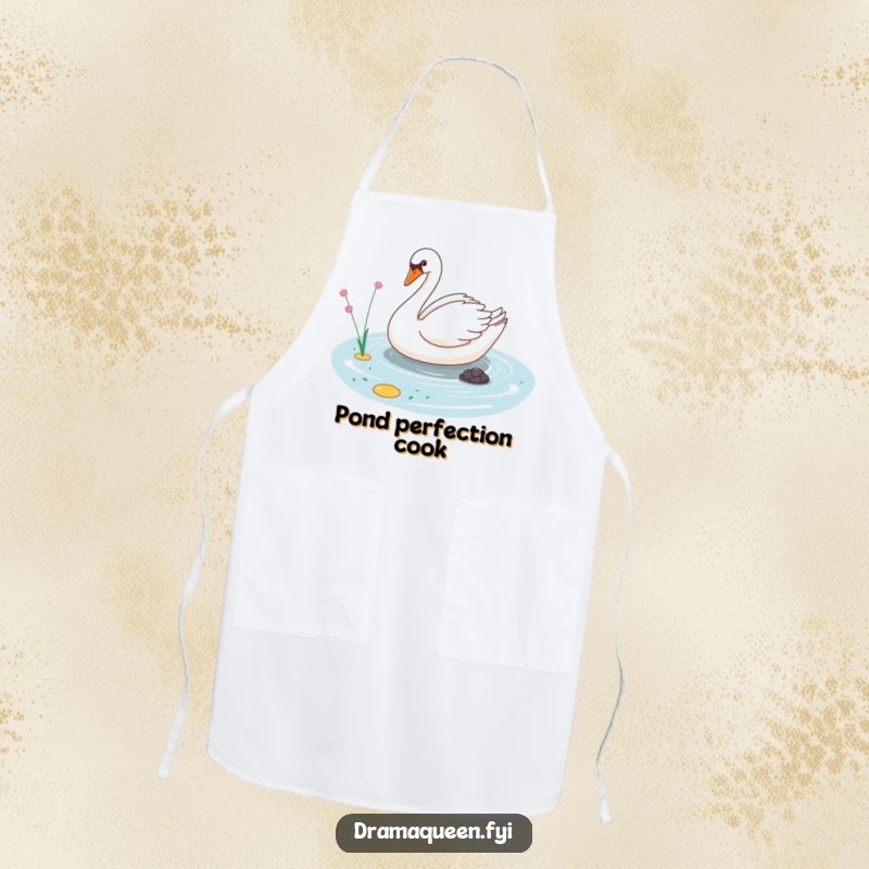 Funny apron featuring a sassy swan character gliding elegantly on a tiny pond, adding humorous flair to cooking.