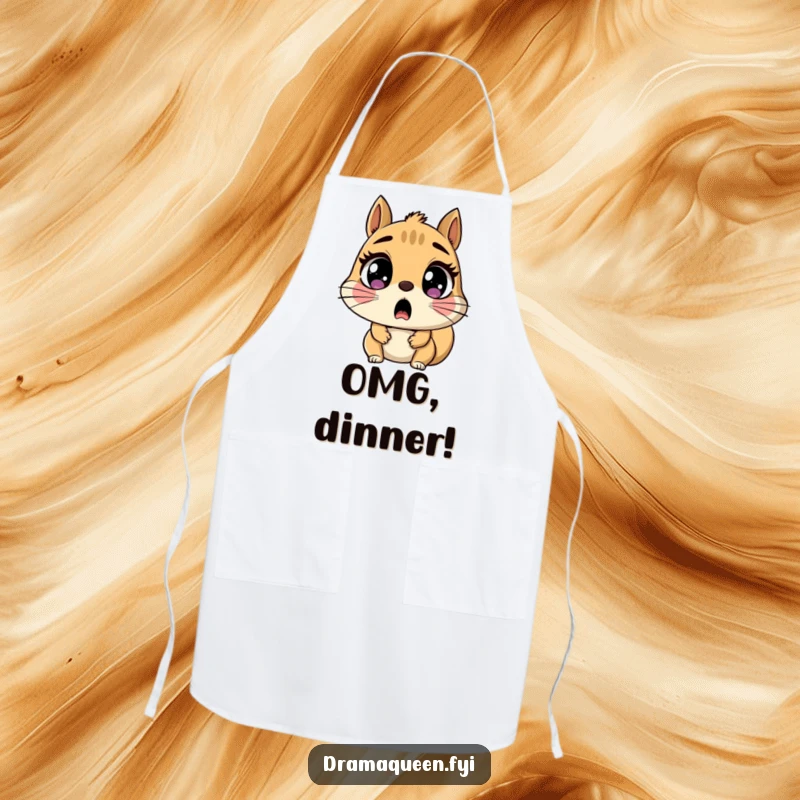 Funny Apron showing a shocked squirrel character with wide eyes gasping, designed for kitchen use with a humorous, expressive theme.