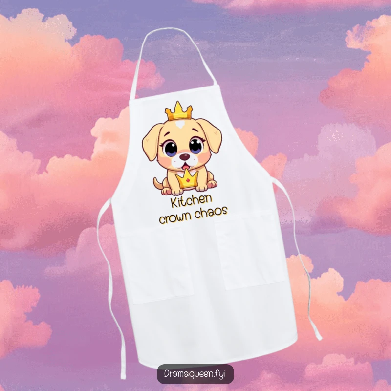 Funny surprised puppy apron showing a puppy dropping a tiny crown with wide, expressive, shocked eyes, perfect for kitchen wear.