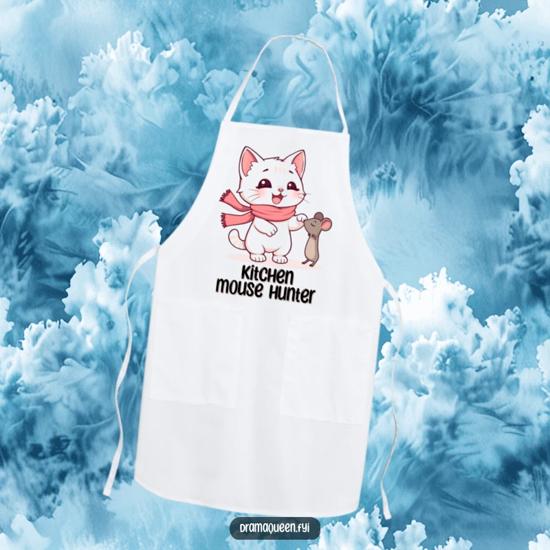 Funny Kitten Apron: Happy kitten with a pink scarf dramatically reaching for a toy mouse, perfect for a playful kitchen funny gift.