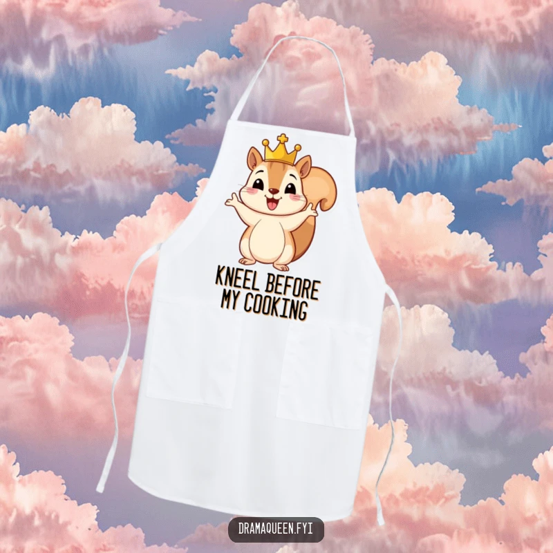 Funny apron showing a cheerful squirrel wearing a tiny crown, gesturing grandly, perfect for a regal and amusing cooking experience.